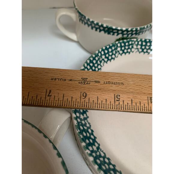 VTG Thomson Stoneware Green Sponge Pinecone Handled Soup Bowls & Plates Set of 4 - Picture 7 of 7